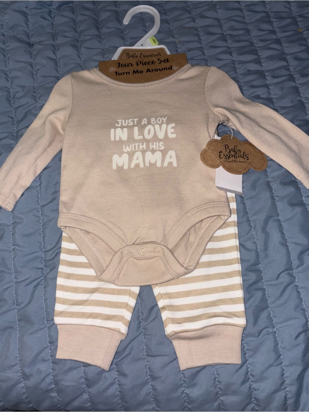 Baby Essentials Beige Long-Sleeve Bodysuit, Striped Pants,cap & socks Set⭐️NWT⭐️